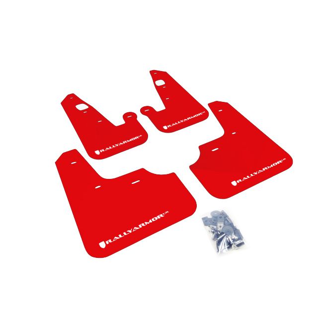 Rally Armor MF8-UR-RD/WH - 2007-2017 Mitsubishi Lancer DE/ES/GTS/SE/Ralliart Sedan - Red Mud Flap/White Logo
